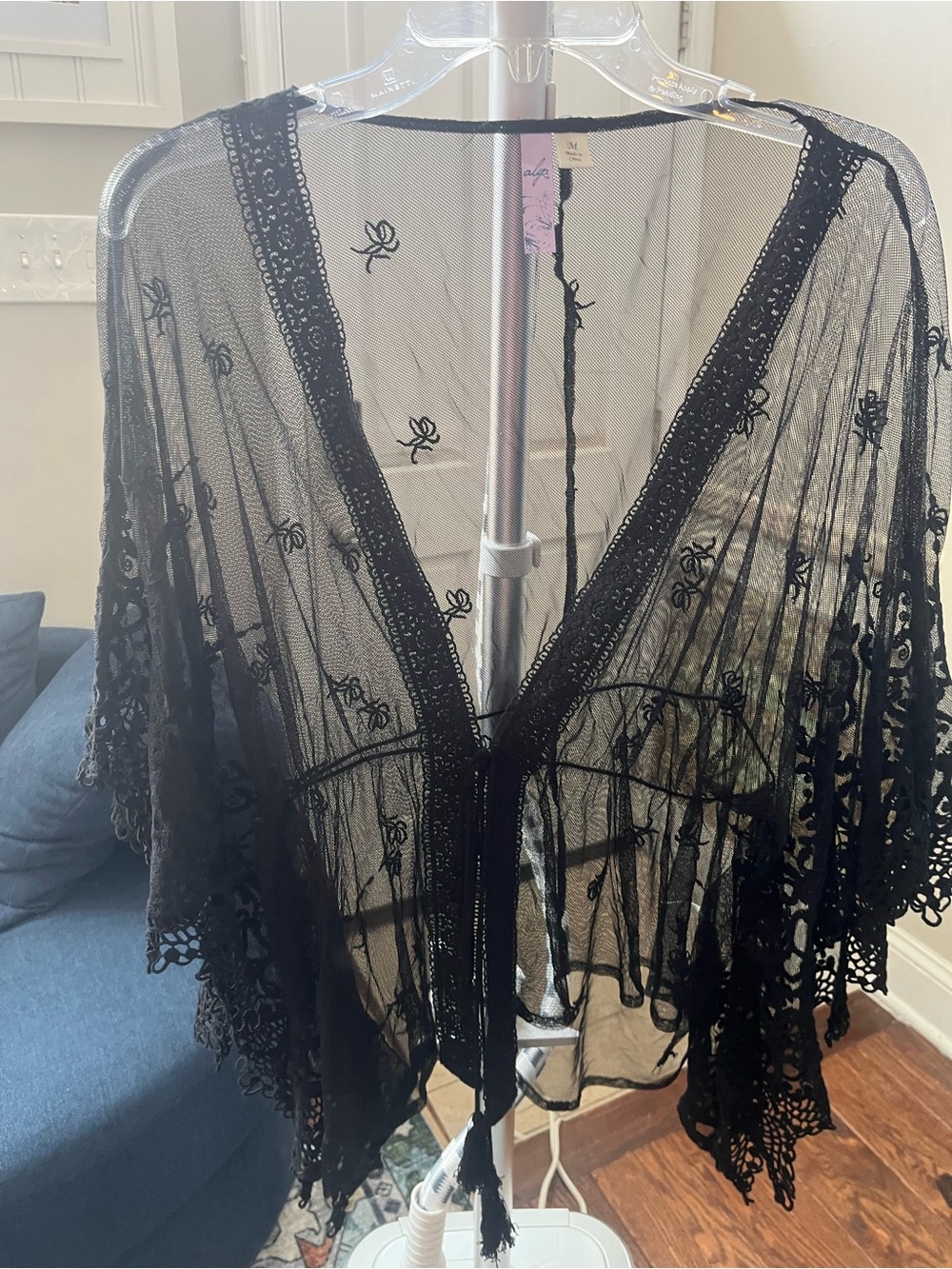 Alya Black Sheer Embroidered Mesh Kimono